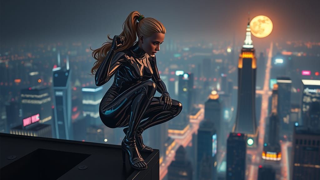 Porcelain Doll Sentinel Over Neon City