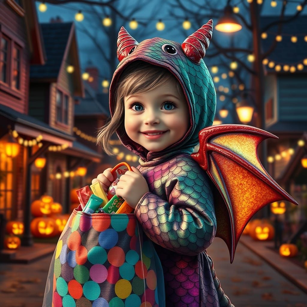 Girl in Dragon Costume on Halloween Night