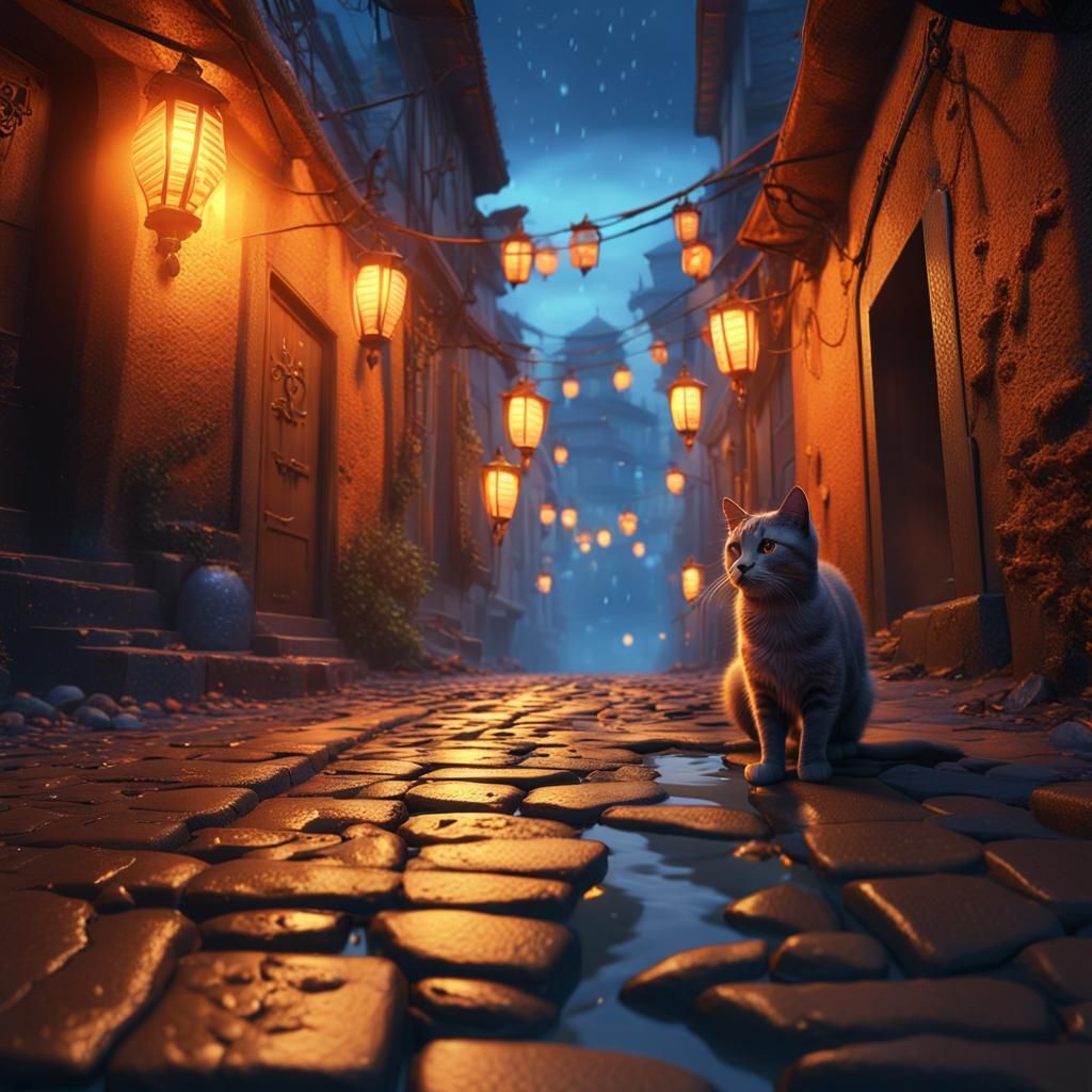 Mystical Alley Cat in Vibrant Fantasy Art