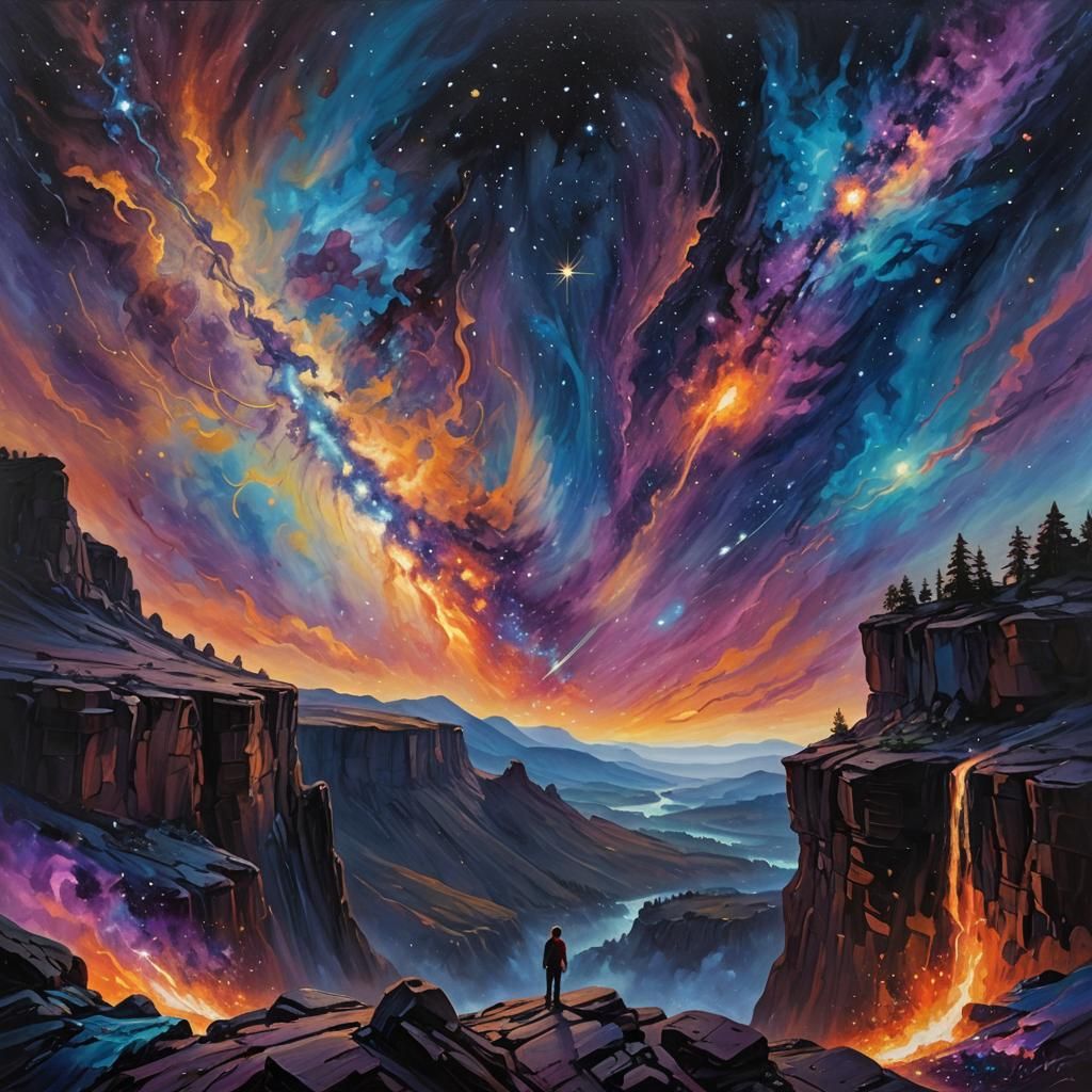 Epic Cosmic Landscape with Figure in Oil Painting