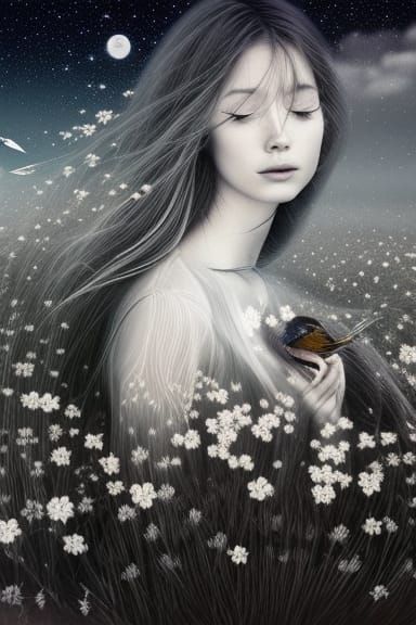 Double Exposure Girl in Landscape: Black and White Vector Ar...