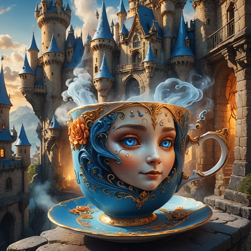 Whimsical Teacup with Face in Fantasy Castle