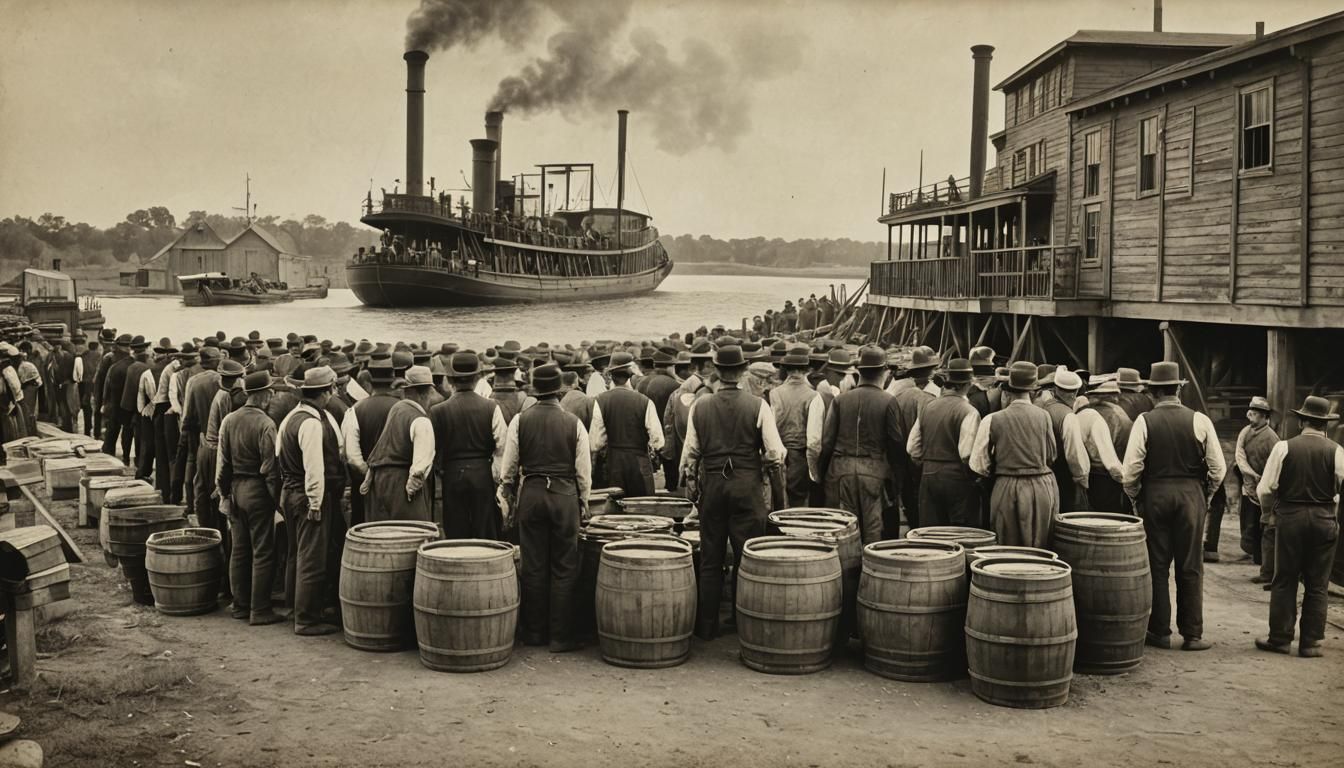 1890s Steamboat at Levee in Black and White