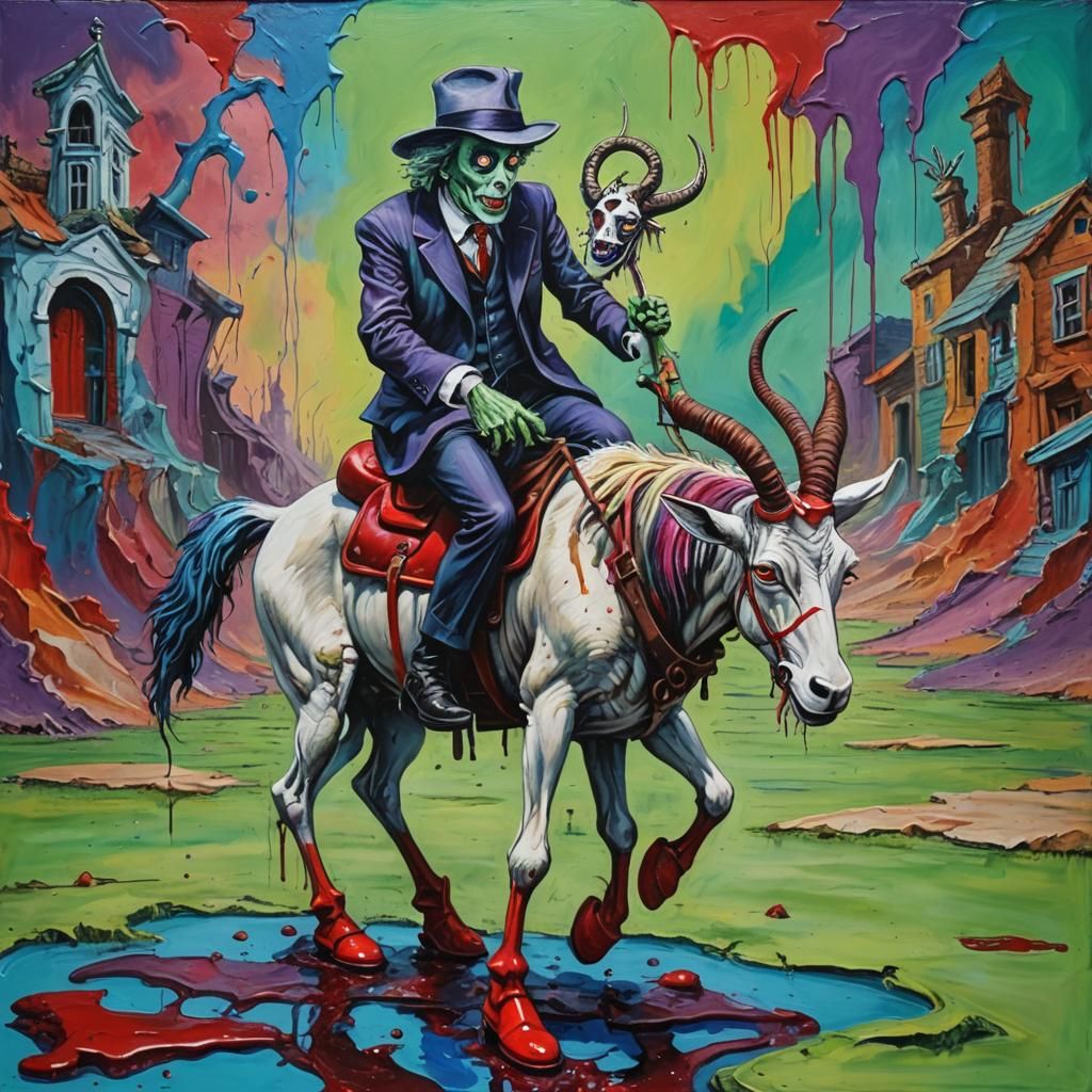 Beetlejuice Rides a Goat in Surreal Acrylic Painting