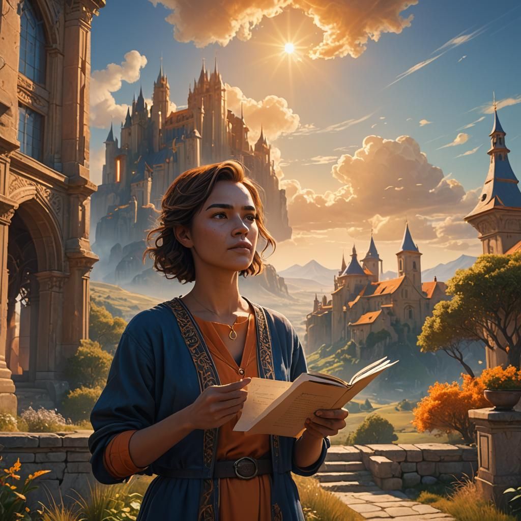 Woman Reading Letter in Sunny Landscape