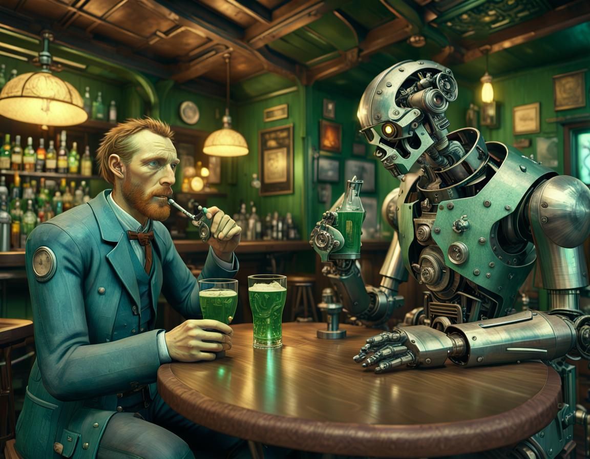 Futuristic Pub Scene with Figures Drinking Absinthe