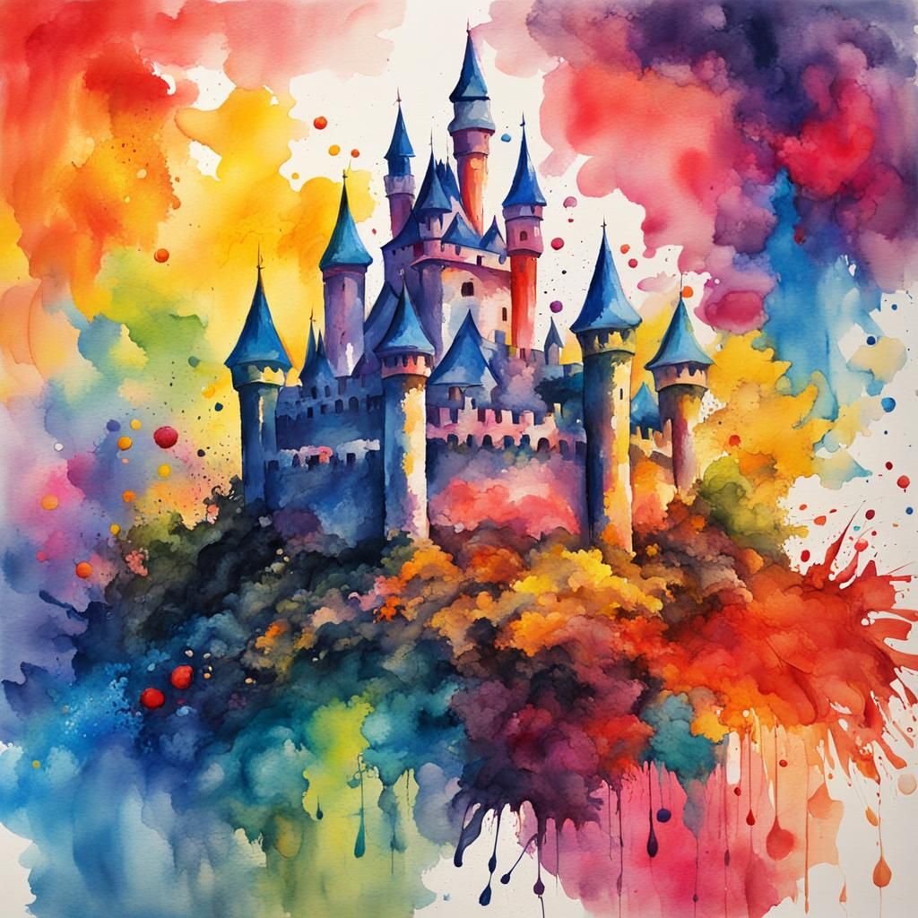 Colorful Ink Splash Castle in Gouache Style