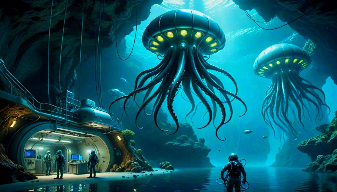 Futuristic Underwater Research Station with Bioluminescent L...