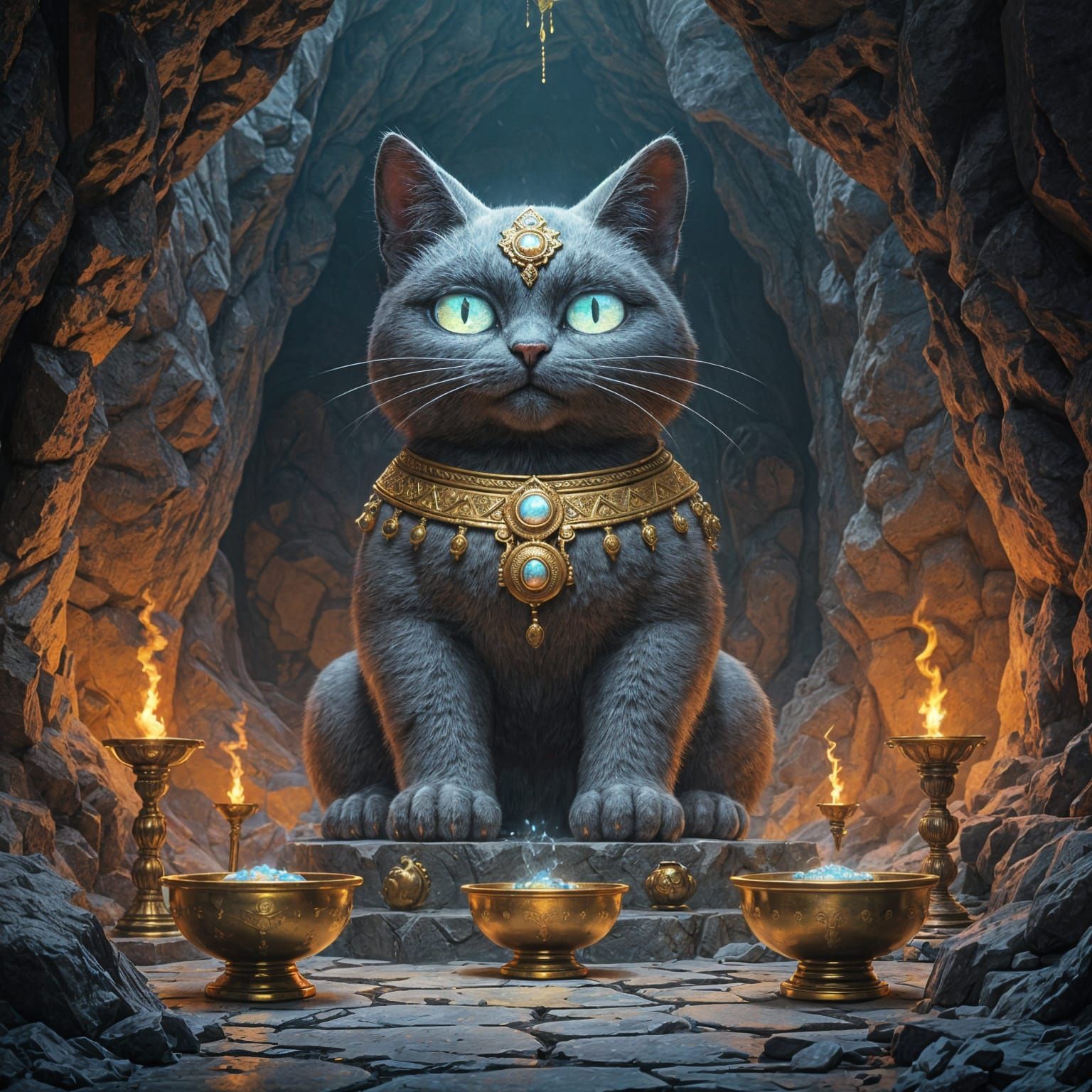 Torch Lit Temple with Cat Idol in Cave