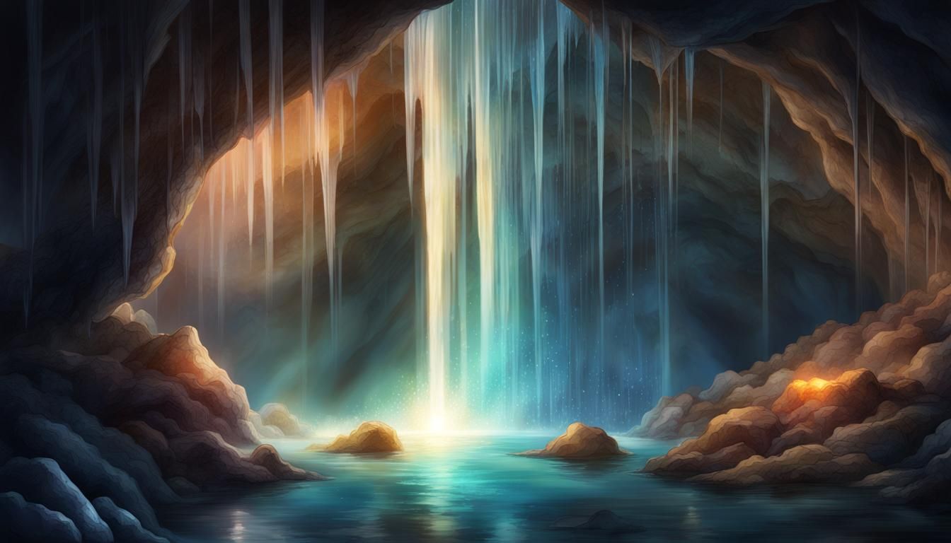Glowing Waterfall in Crystal Cave: Realistic Image