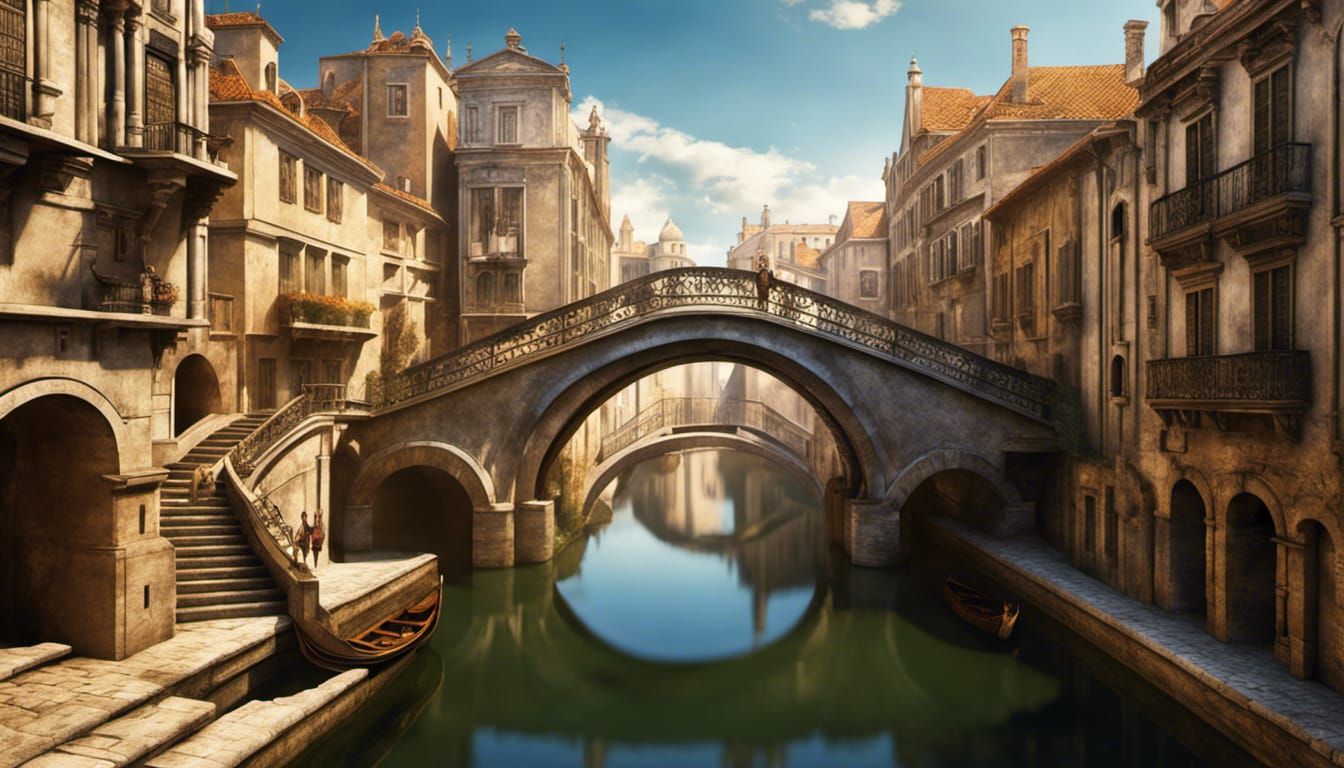 Fantastic Baroque Cityscape with Canals and Bridges