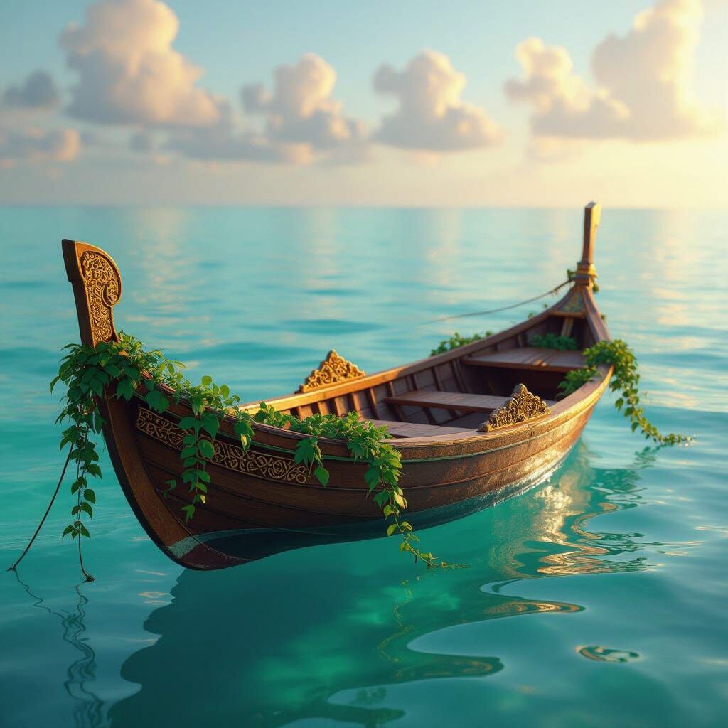 Majestic Ornate Boat on Turquoise Ocean in Golden Hour Light