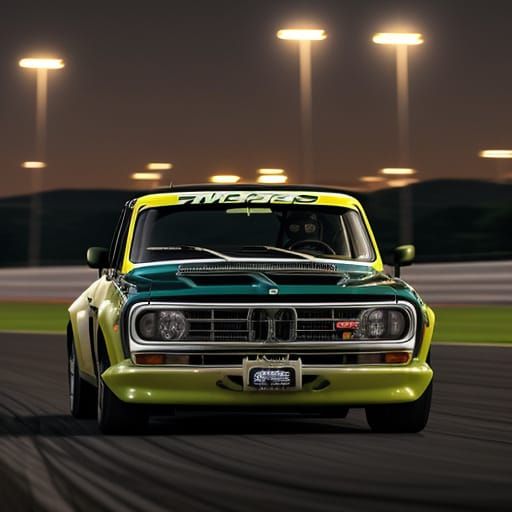 Datsun Pickup Truck Races in Retro Digital Art