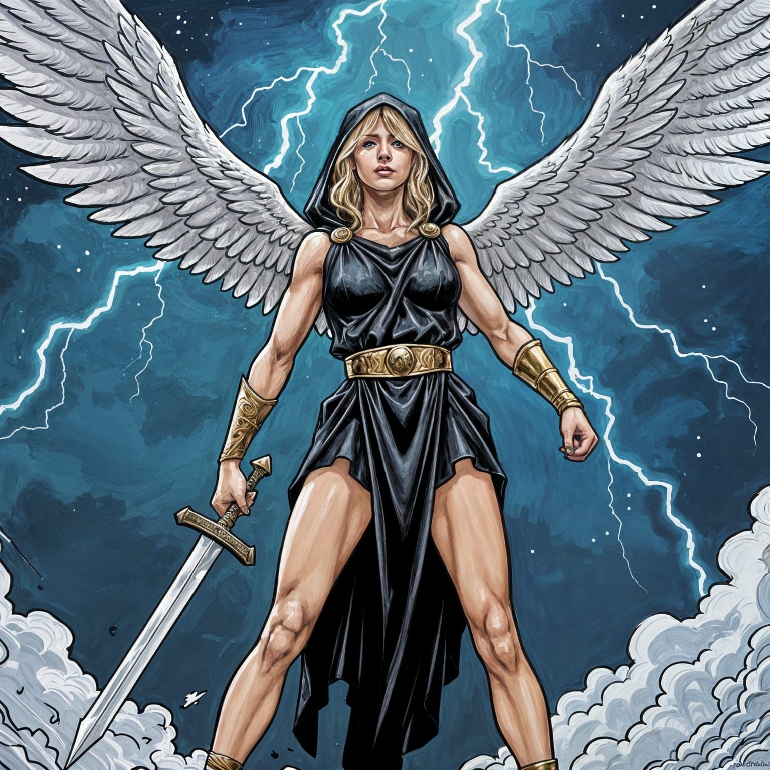 Winged Woman with Sword in Comic Book Style