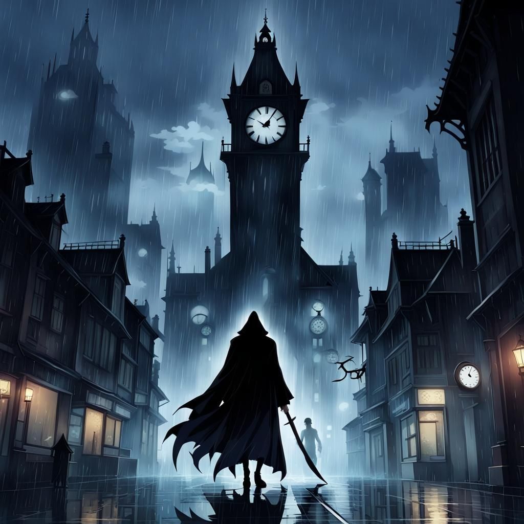 Grim Reaper Silhouette in Rainy Anime Cityscape