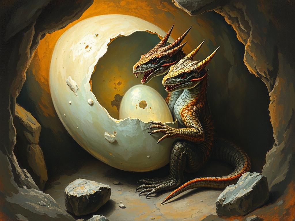 Surreal Multi-Headed Dragon Hatchling in Magic Cave
