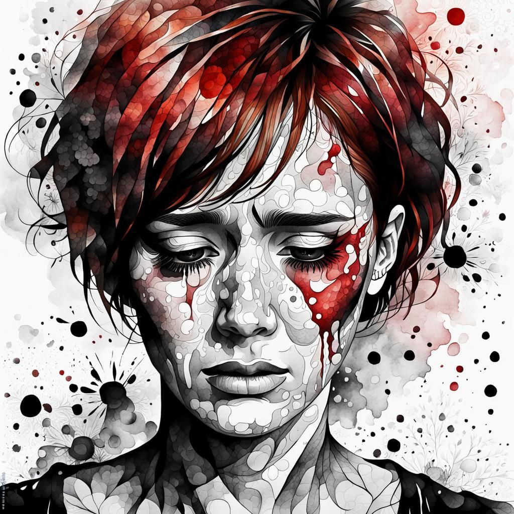 Red Haired Woman Crying: Moody Watercolor Art