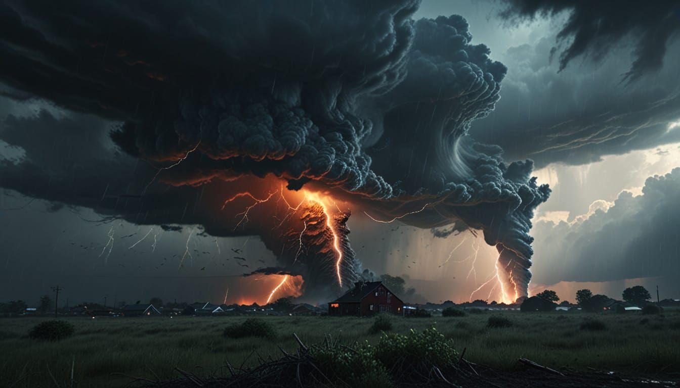 Cinematic Tornado with Red Lightning on Rainy Day