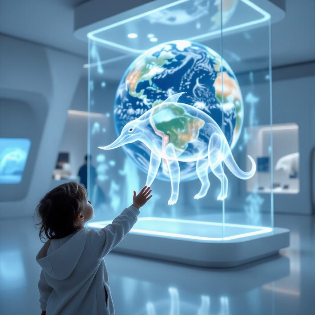 Child Reaches for Extinct Animal Projection in Futuristic Mu...