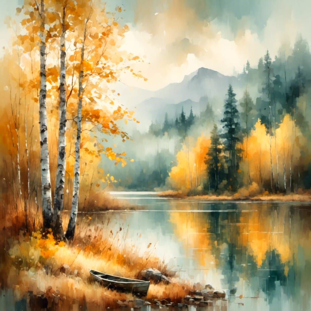 Autumn Birch Trees by a Tranquil Lake