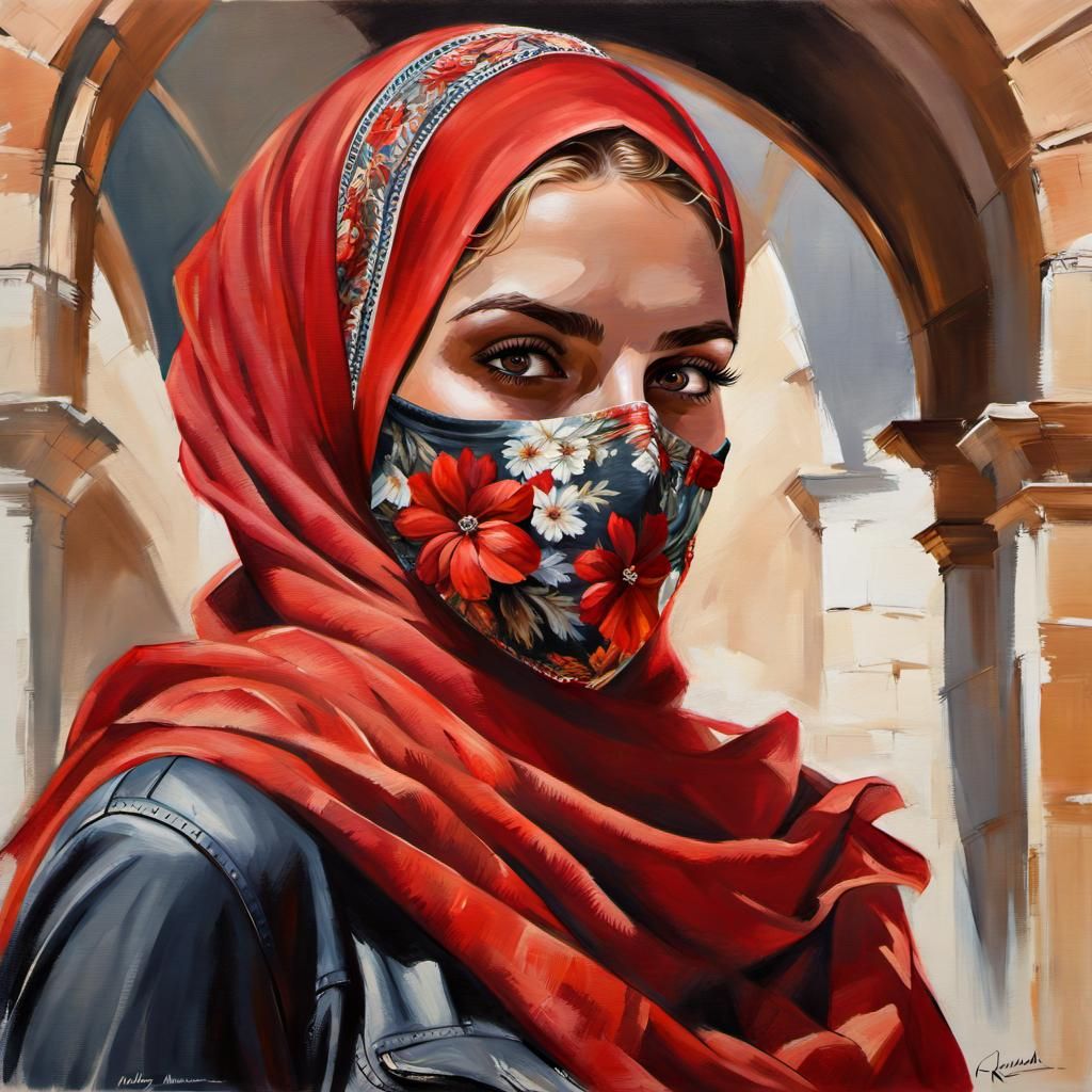 Portrait of Girl with Hijab and Mask in Classical Style