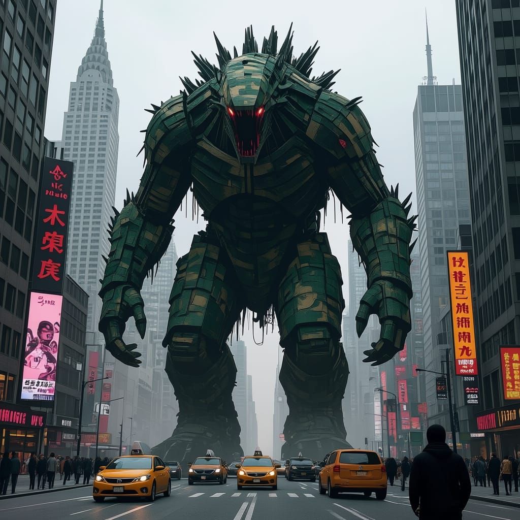 Colossal Monster Roaming a Dystopian Metropolis
