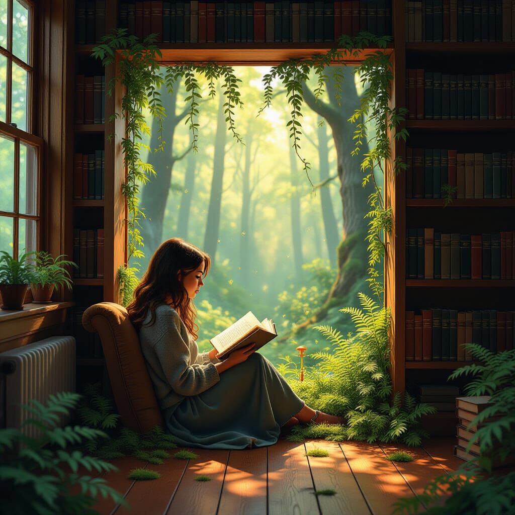 Cozy Study: Book Portal to Forest, Hyper-Detailed