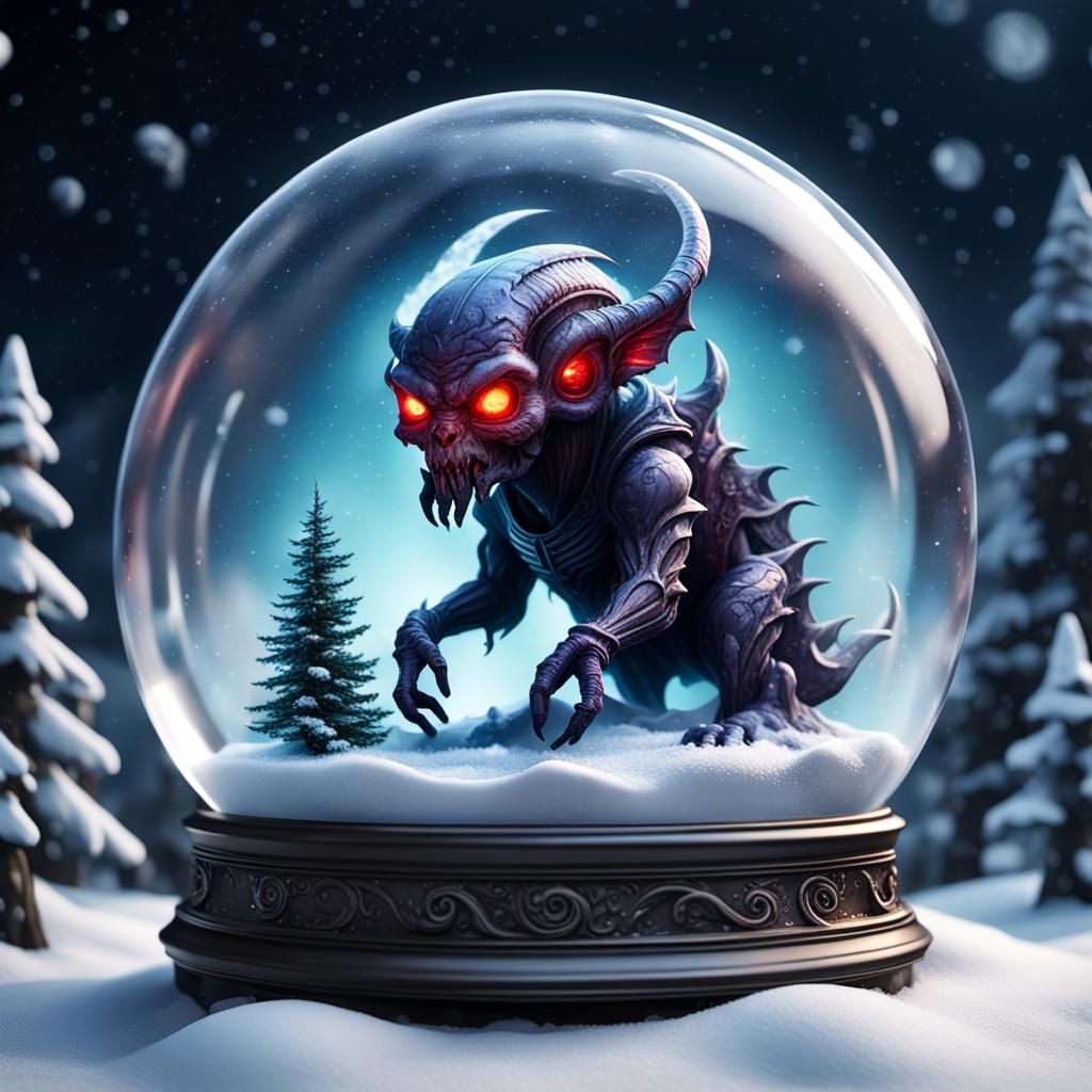 Miniature Demon in Snow Globe: Fantasy Art