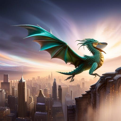 Green Dragon Glass Figurine Over Burning City