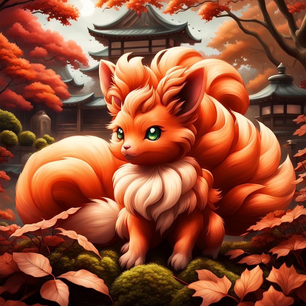Vulpix Play in Autumn Leaves Near Japanese Garden