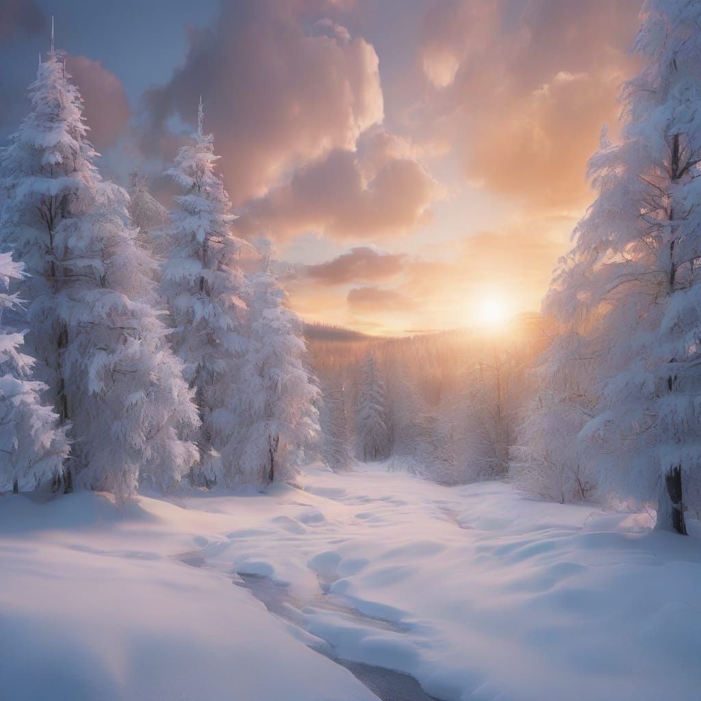 Enchanted Winter Realm with Glowing Lake and Crimson Trees