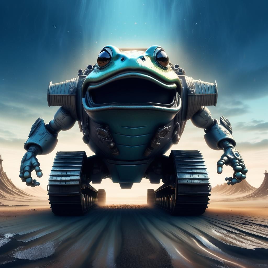 Chibi Frog Warrior Races Mecha Tank in Wasteland