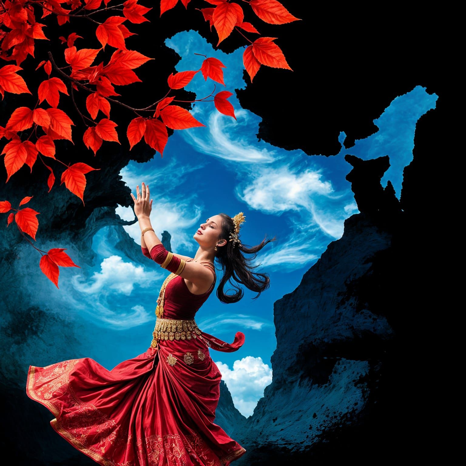 Bali Dancer Amidst India's Outlines in Vibrant Double Exposu...