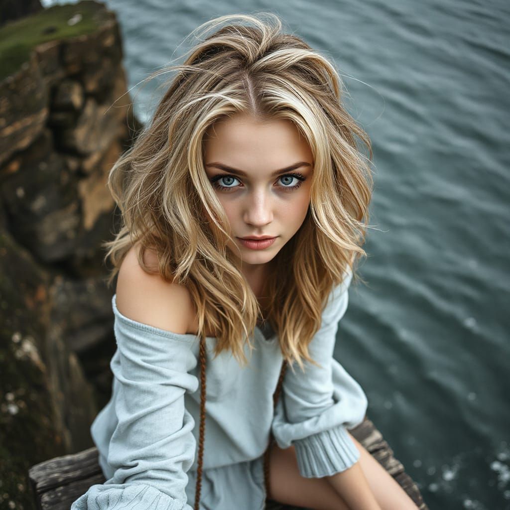 Hyperrealistic Blonde Woman on Cliffside Overlooking Sea
