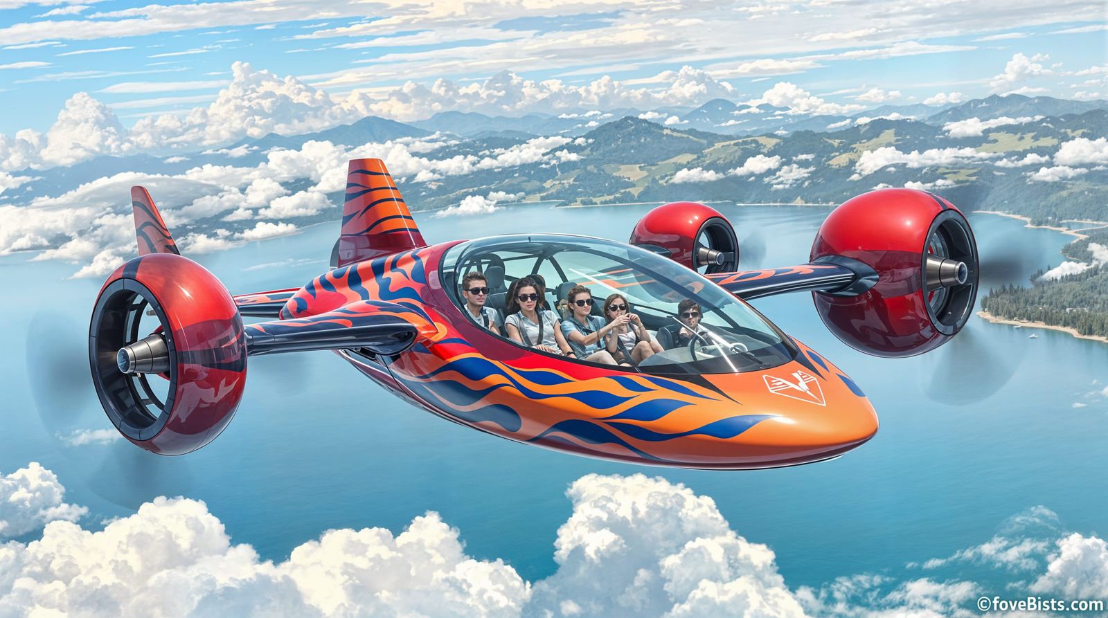 Futuristic Air Car Over Lake Shasta on Summer Day