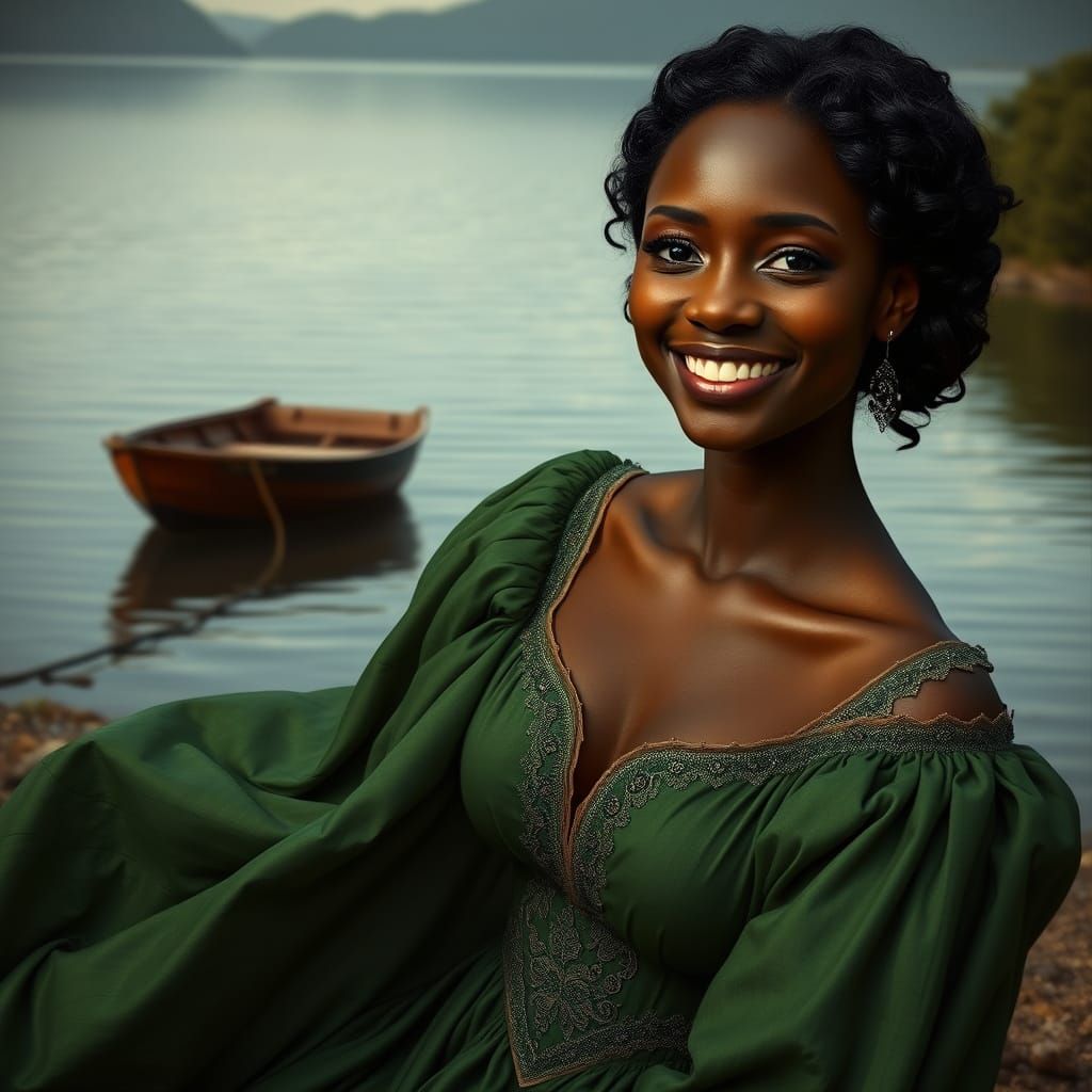 Pre-Raphaelite Beauty in a Serene Lake Setting