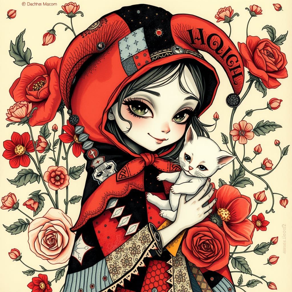 Whimsical Jester Girl with Kitten in Floral Wonderland