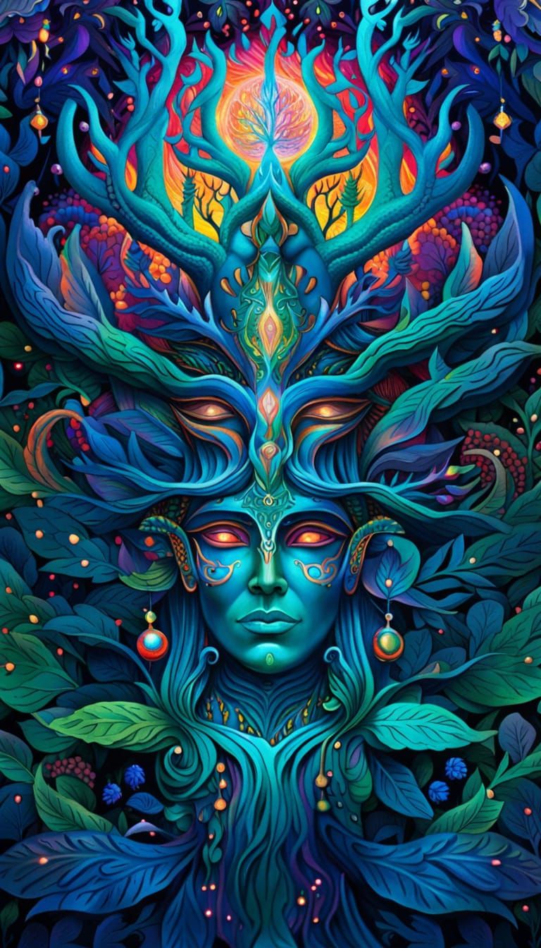 Cosmic Forest Spirit in Mixed Media Illustration