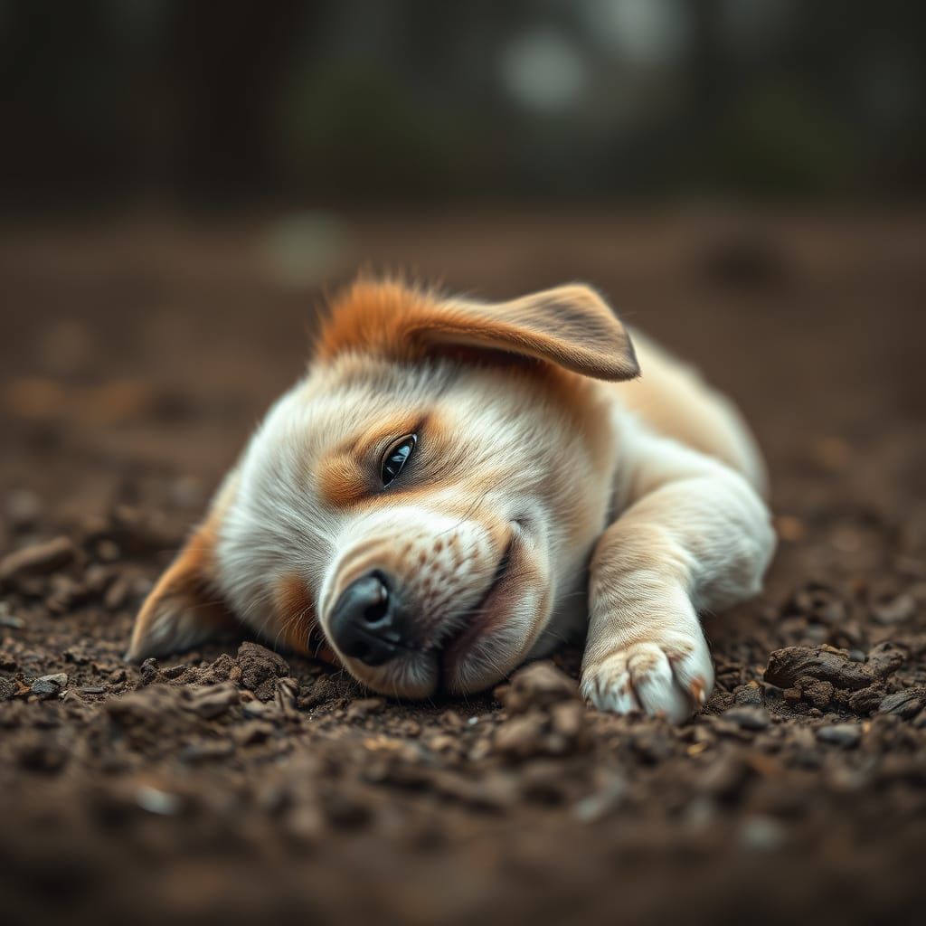 Cute Puppy Explores Muddy Terrain in Hyperrealistic Style