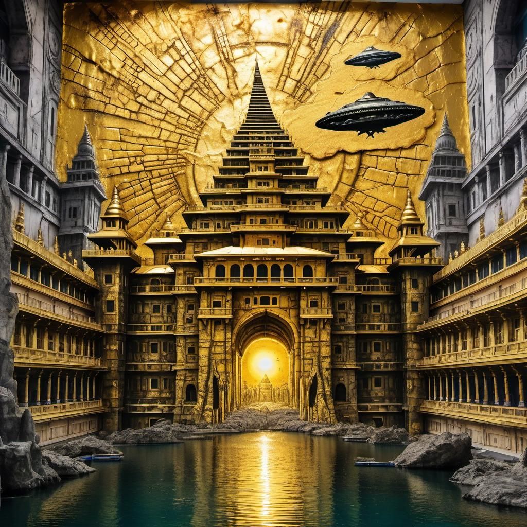 Atlantis Temple Wall in Divine Prehistoric Art Style