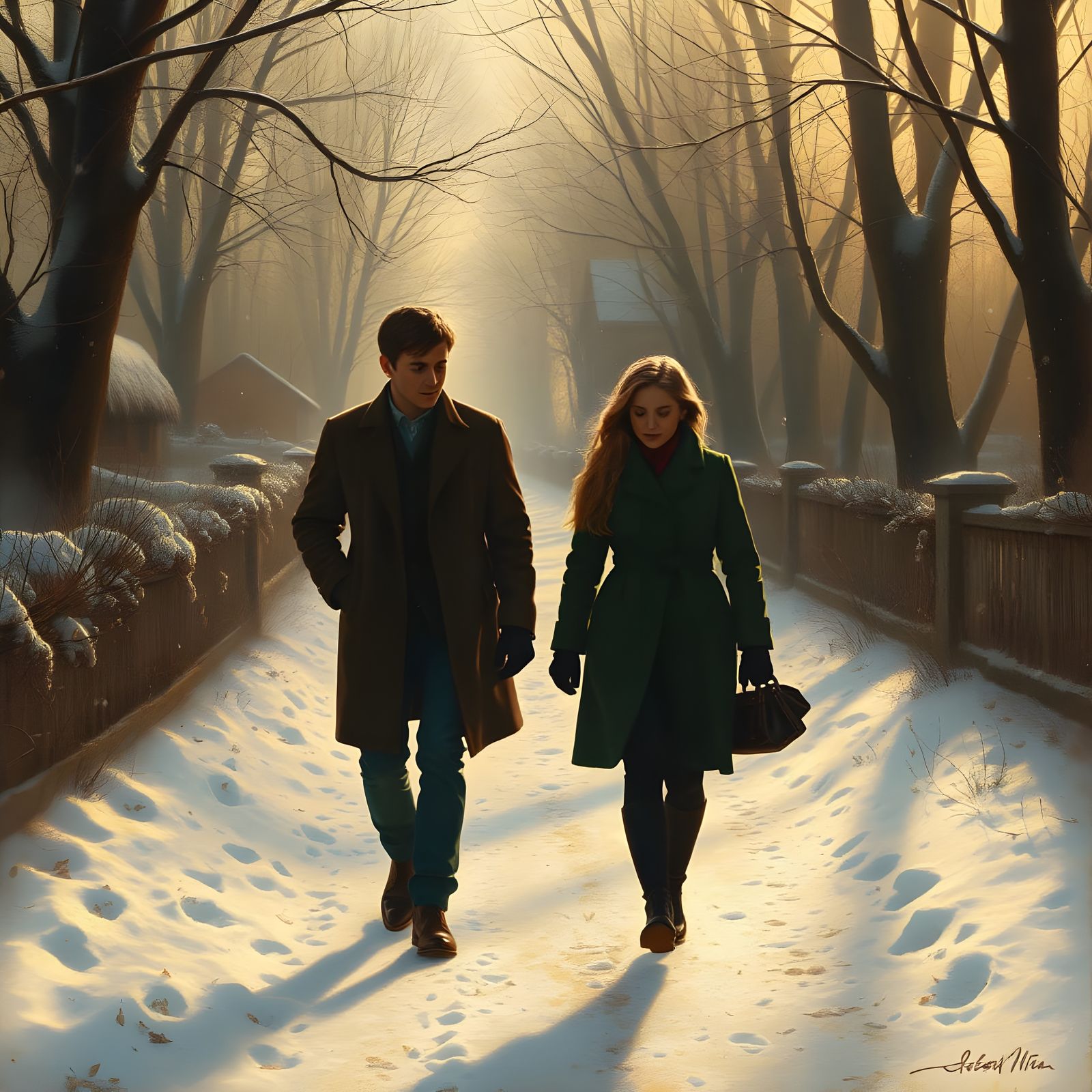 Romantic Winter Scene in Soft Focus Oil Painting