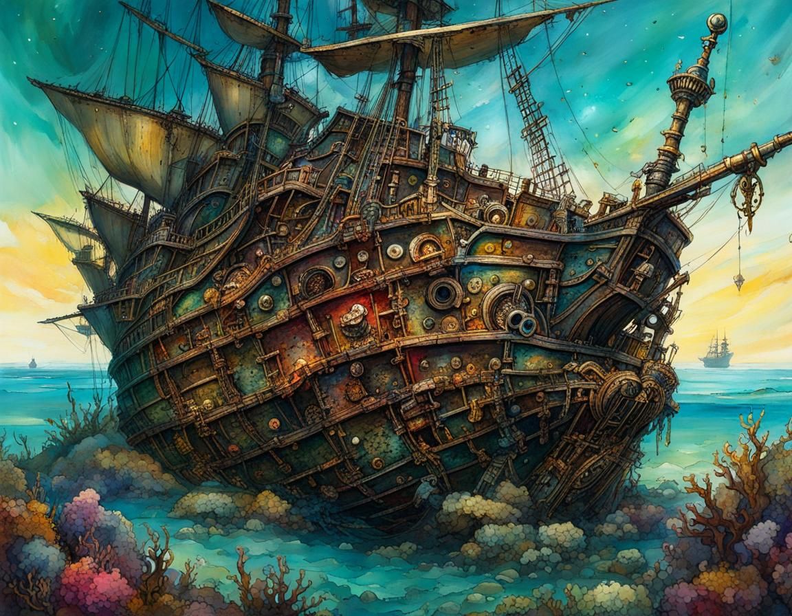 Sunken Pirate Ship in Colorful Alcohol Ink Style