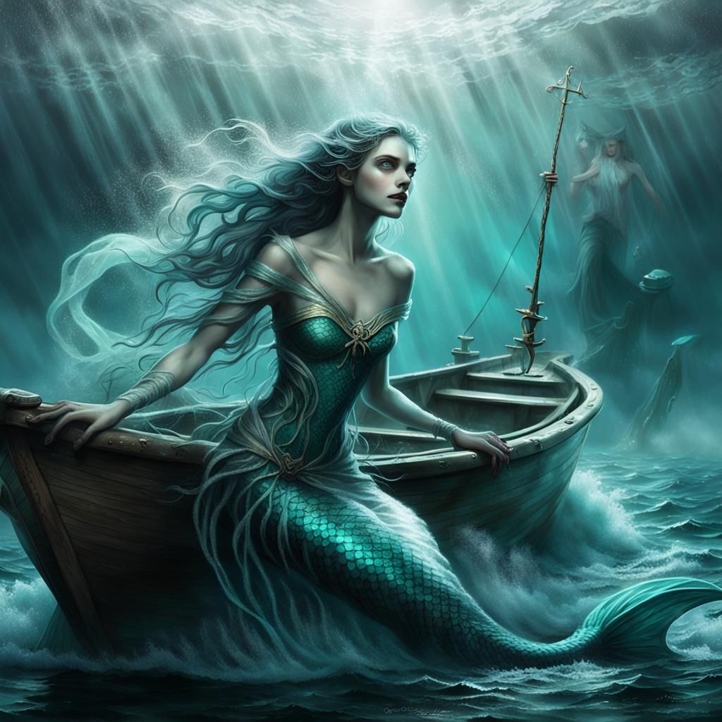 Enchanting Siren Luring Sailor, Art Nouveau Style