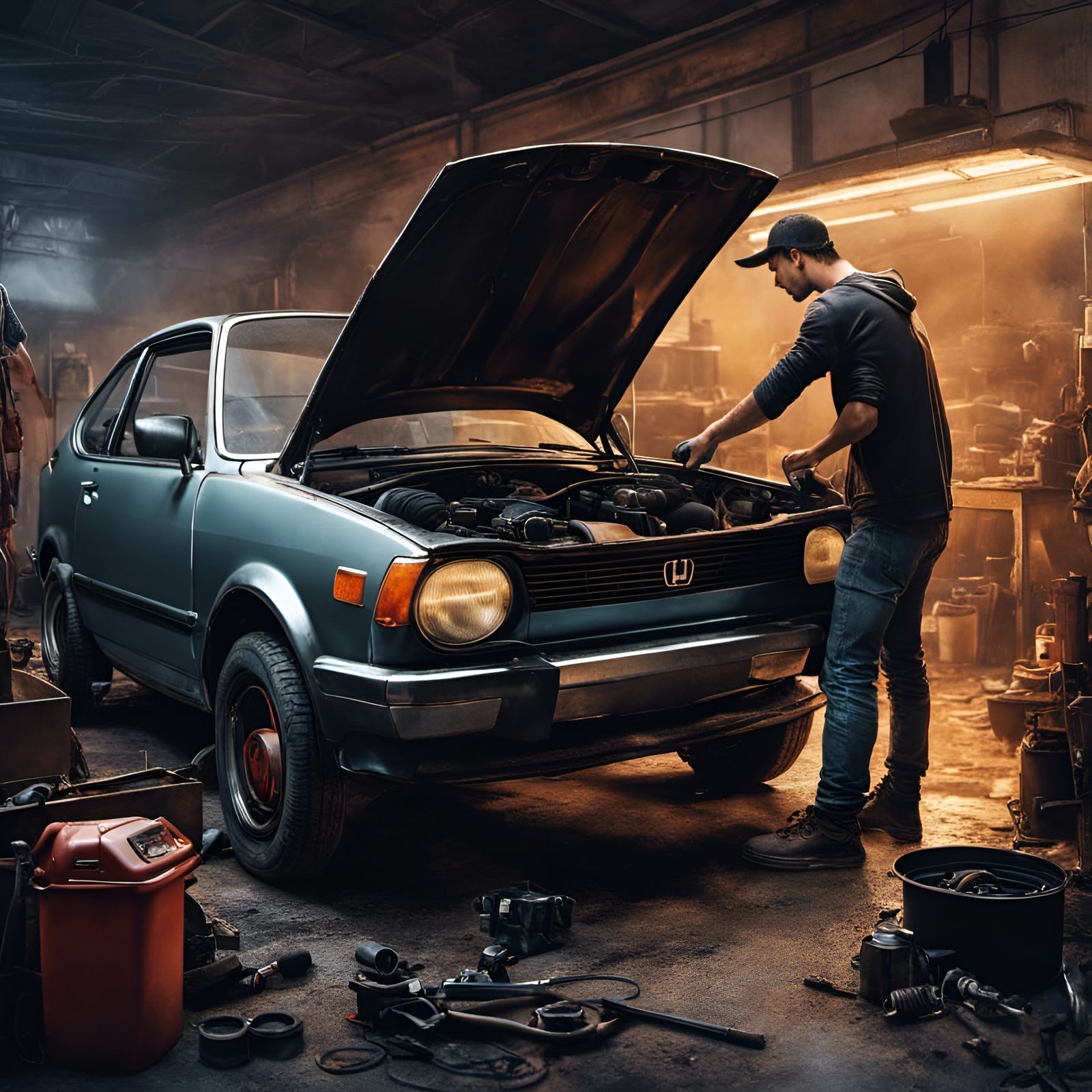 Friends Repairing Car in Garage, Detailed Matte Painting