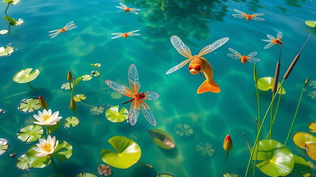 Dragonfly Mating Flight Over Pond, Watercolor Digital Painti...