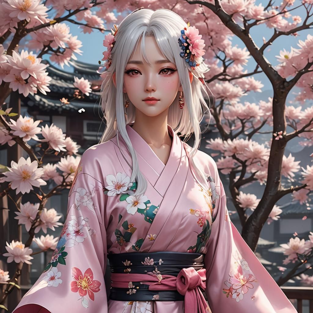 Anime Girl in Pink Kimono by River, 3D Art