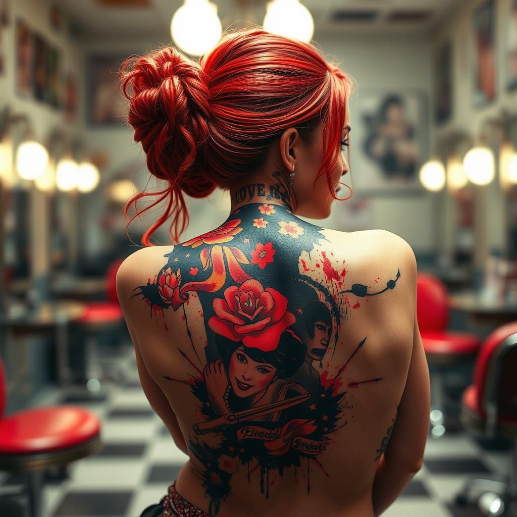 Bold 1950s Trash Polka Tattoo in Vivid Red and Black