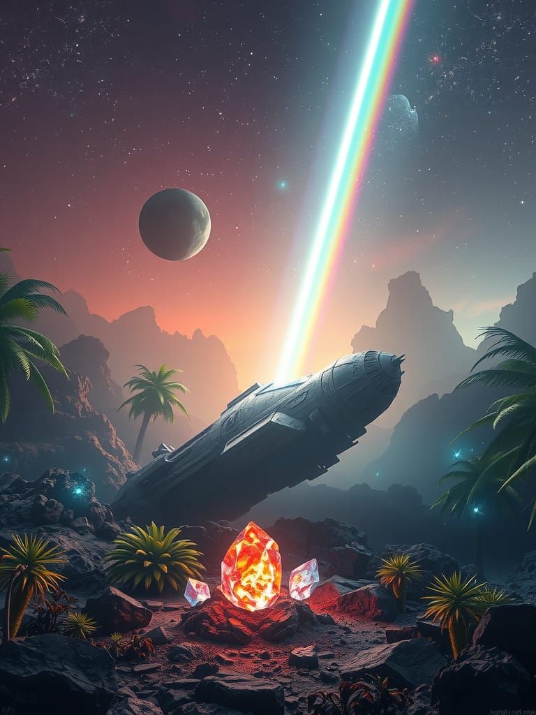 Sci-Fi Jungle Planet with Rainbow Crystal, Digital Art