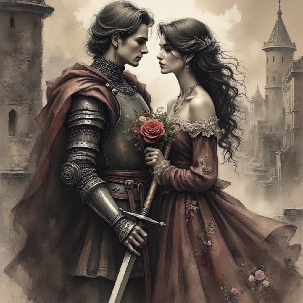 Knight Defends Maiden Amidst Blooming Flowers