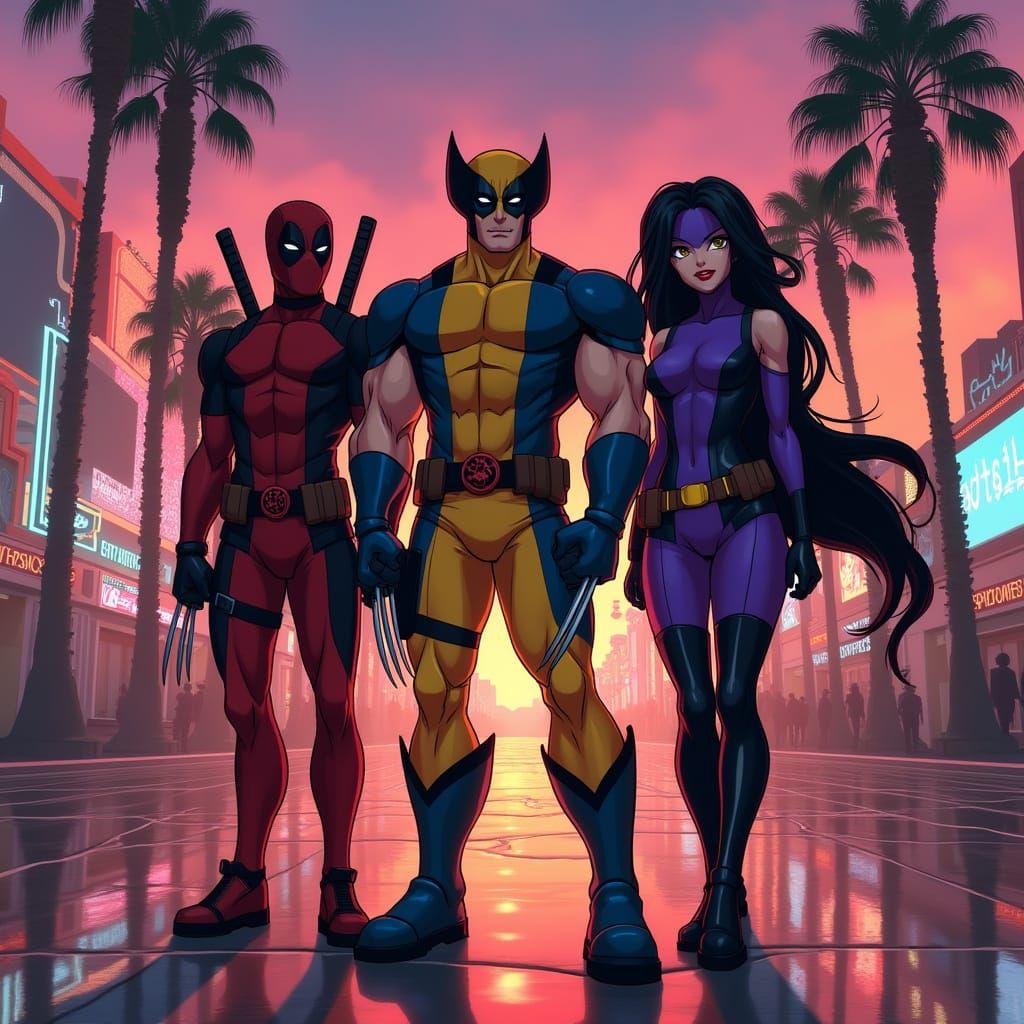 Deadpool, Wolverine, and Psylocke on Las Vegas Strip